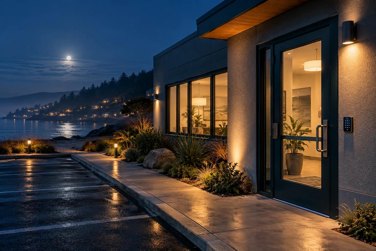 Commercial building at night in Santa Cruz