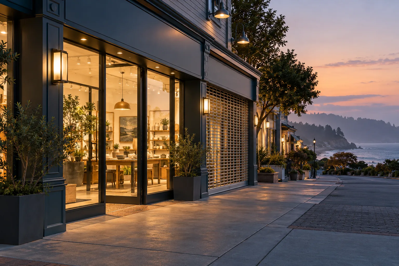 Well-lit commercial entrance at dusk in Santa Cruz
