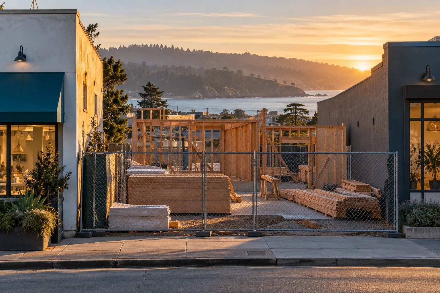 Commercial construction site at golden hour in Santa Cruz