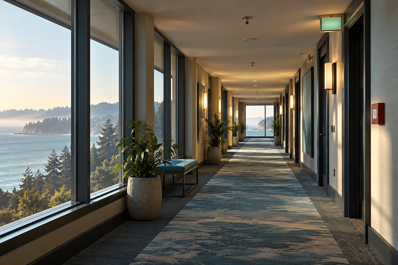 Commercial corridor with fire sprinklers in Santa Cruz