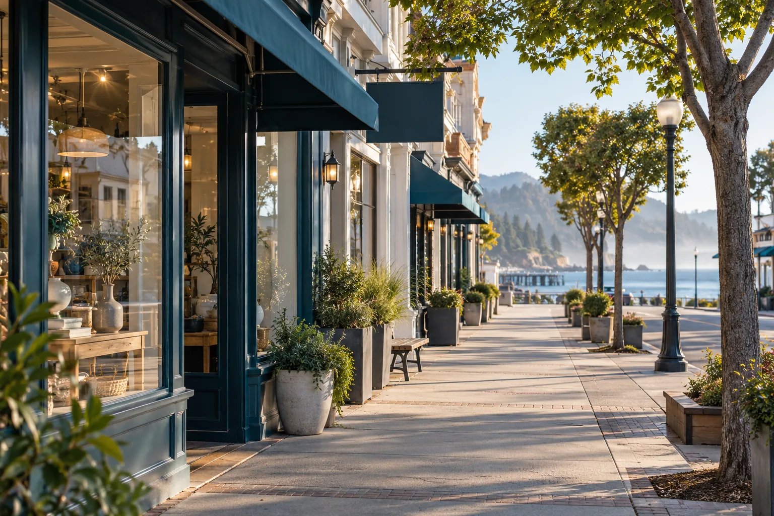 Downtown Santa Cruz storefronts in soft morning coastal light