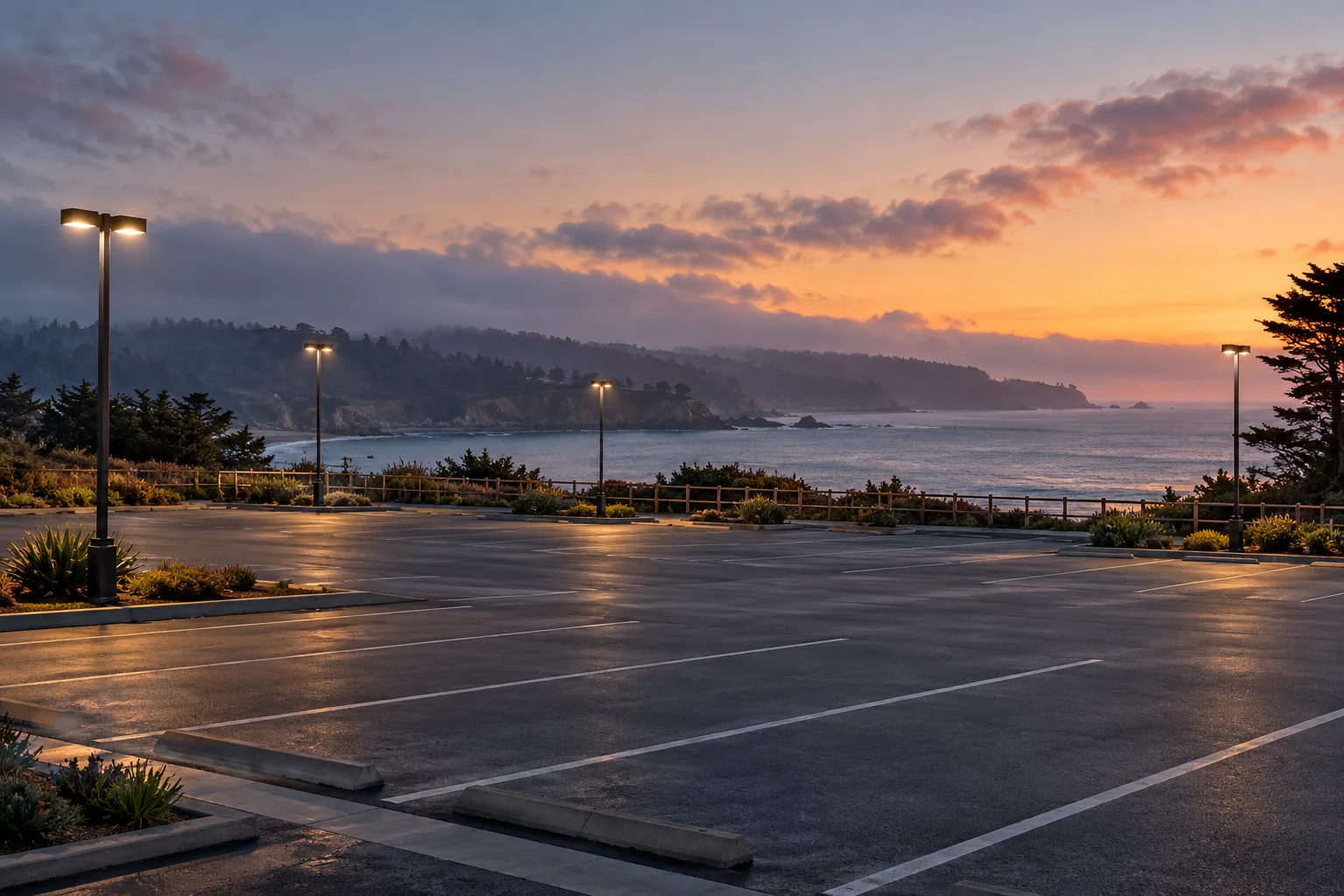 Commercial parking area at dusk in Santa Cruz