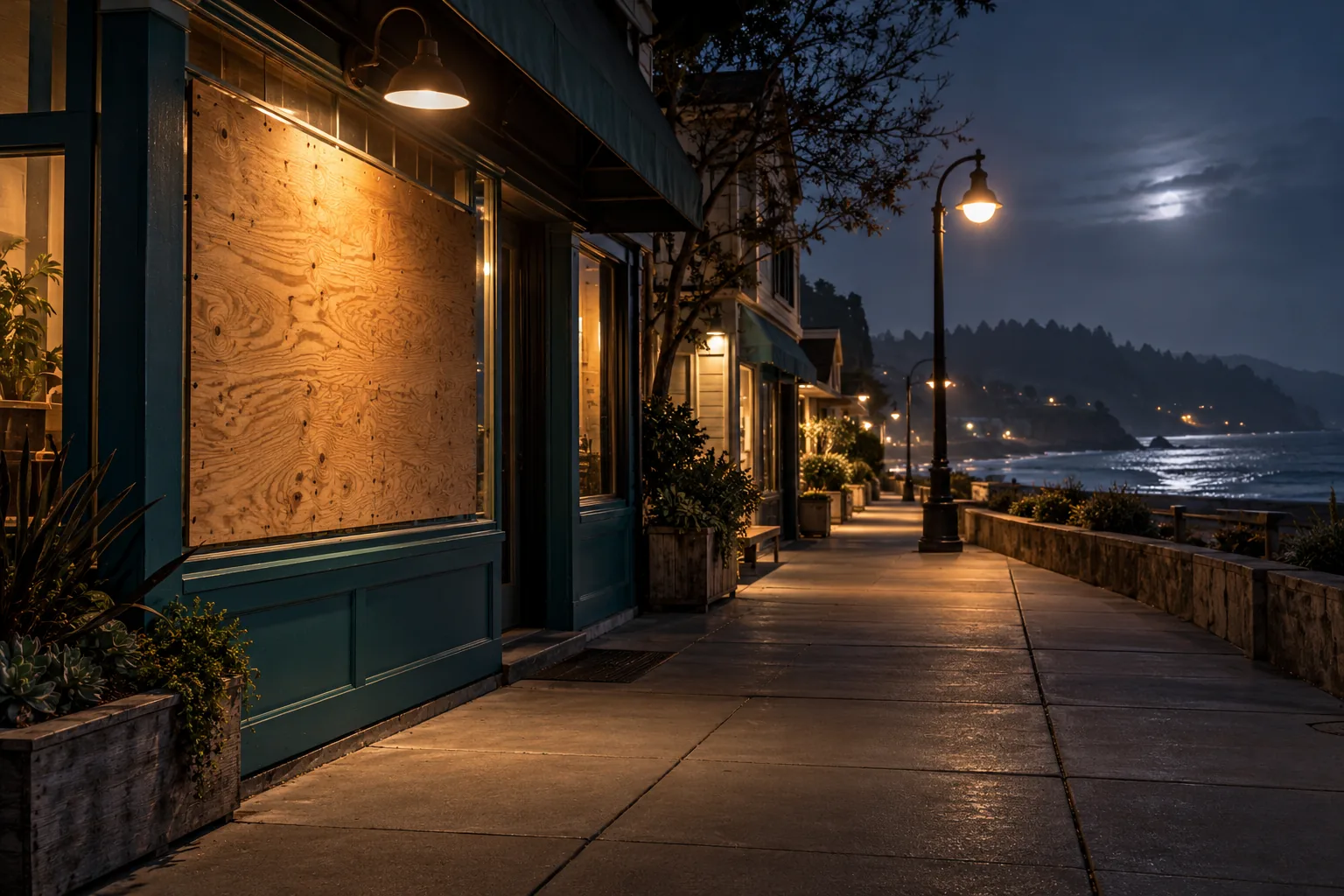 Building lobby glowing at night in Santa Cruz